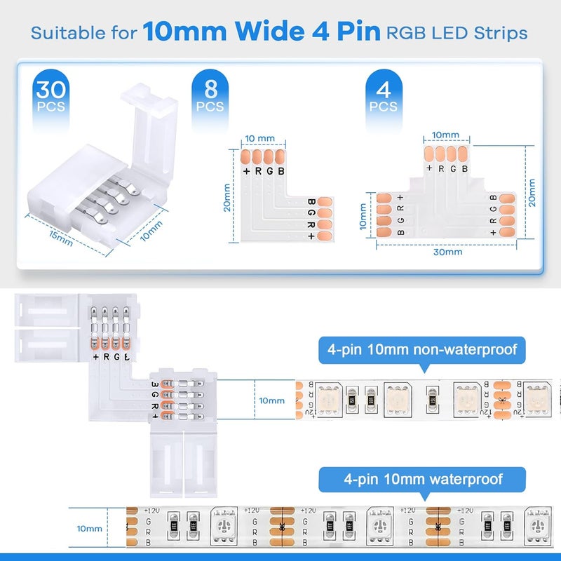 Pmxary 42Pcs 4 Pin LED Strip Connectors Kit for 5050 10mm Wide RGB LED Strip Light, Includes 8 L-Shaped, 4 T-Shaped, and 30 Solderless LED Light Connectors Clips, Easy for DIY Lighting Projects - Image 3